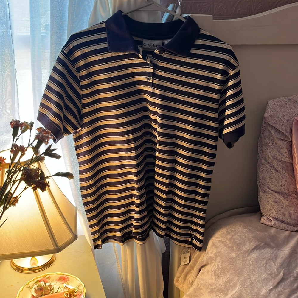 Crème and navy blue striped button down dress Tee size L